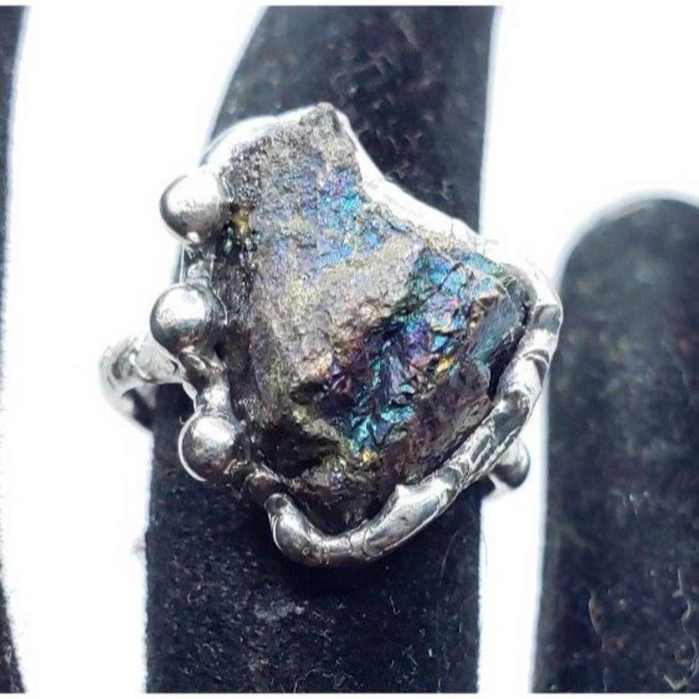 Peacock ore crystal Ring handmade chalcopyrite rainbow adjustable ring